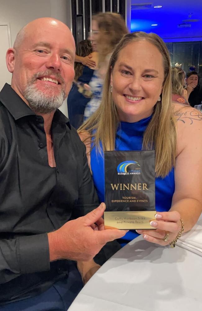 Brent and Belinda Watson with their trophy at the 2024 Coffs Coast Business Awards.