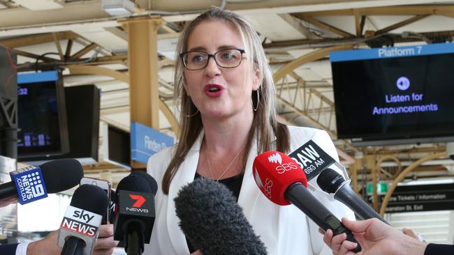 Victorian Minister for Public Transport Jacinta Allan speaks to the media at Flinders Street Station in Melbourne, Thursday, April 12, 2018. The federal government will pay up to $5 billion for a Melbourne airport train line and wants the Victorian government to get on board with a 50-50 funding split. Prime Minister Malcolm Turnbull announced the investment on Thursday, and flagged that construction could start after 2020. (AAP Image/David Crosling) NO ARCHIVING