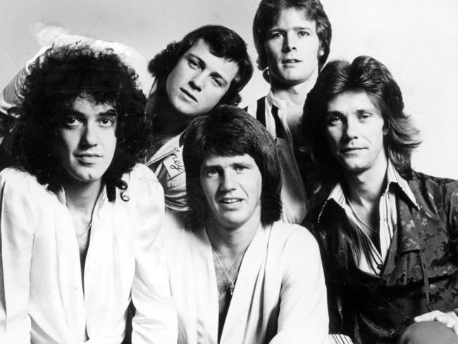 Daryl Braithwaite (front row, centre) and members of Sherbet captured in 1976. Picture: Supplied