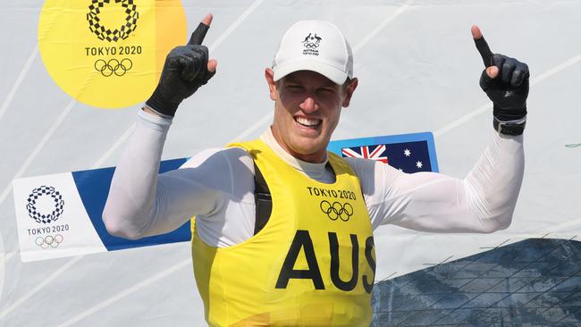 Matt Wearn celebrates winning gold in the men's laser class on Sunday. Picture: Getty Images