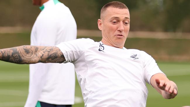 DOHA, QATAR - JANUARY 27: Mitchell Duke of Australia controls the ball during an Australia Socceroos training session ahead of the the AFC Asian Cup at Qatar University Field 11 on January 27, 2024 in Doha, Qatar. (Photo by Robert Cianflone/Getty Images)