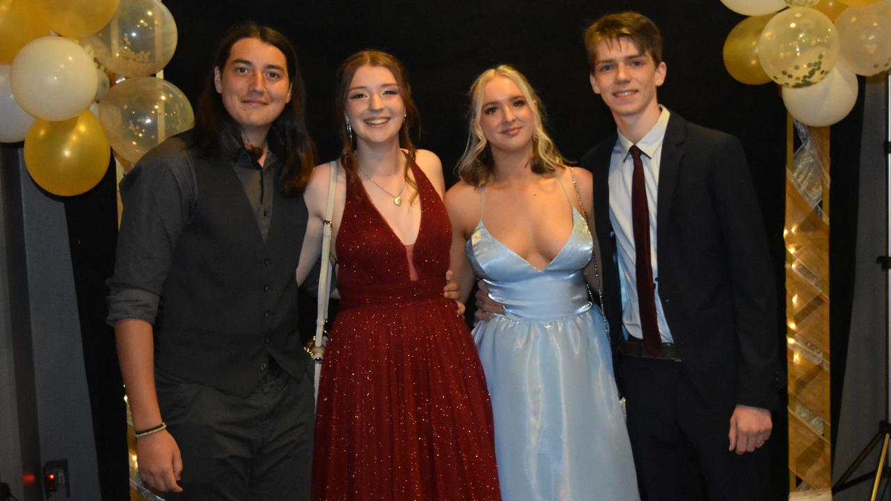 Toni Basile, Mikayla Cross-Pitcher, Makayla Edwards and Lachlan Barnard at the 2022 Kawana Waters State College formal. Picture: Sam Turner