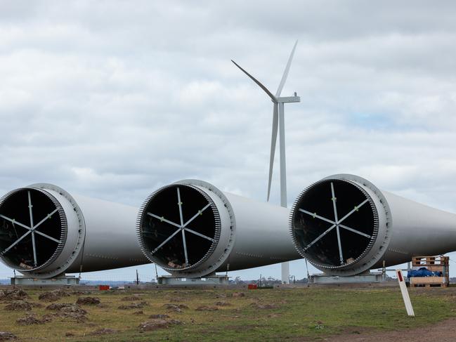 MELBOURNE, AUSTRALIA - NewsWire 11th October 2024. Turbine in the process of construction. 11am Friday the first turbines at Australia's largest (planned) wind farm will spin and will start feeding electricity into Victoria's grid. The farm is Golden Plains Wind Farm in Rokewood. Ikea's investment arm will be announcing they're investing in stage 2 as well.Picture: NewsWire/Nadir Kinani