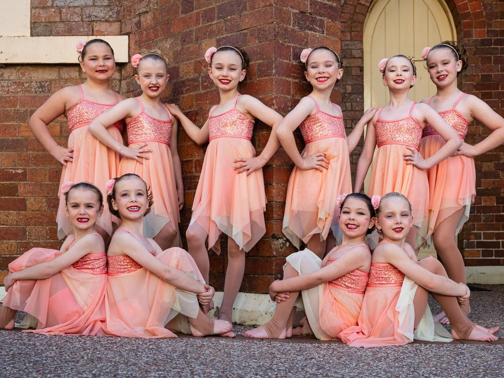 Dancers from Barrick Dance Centre, Victoria Point (front, from left) Harper St John, Eleanor Plaschke, Zoe Bagley and Frankie Templar and (back, from left) Malika Everest, Ava Glendinning, Adaline McKeon, Piper Johnstone, Elisa Field and Ruby Innes at the 78th City of Toowoomba Eisteddfod at The Empire, Friday, August 2, 2024. Picture: Kevin Farmer