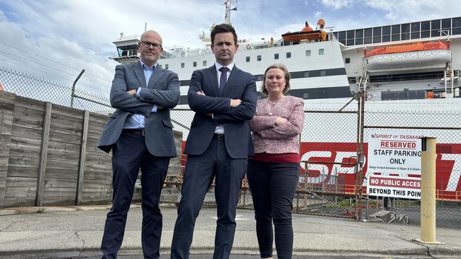 Labor Leader Dean Winter with fellow MPs Anita Dow and Shane Broad at the Spirit of Tasmania terminal at East Devonport. Picture: Simon McGuire.