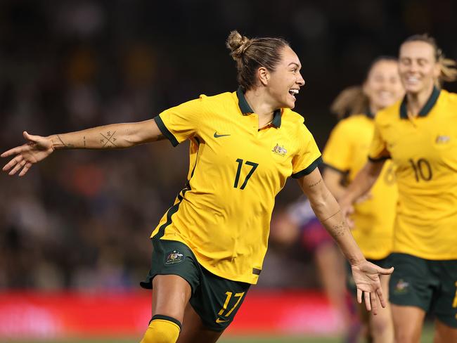 NEWCASTLE, AUSTRALIA - NOVEMBER 30: Kyah Simon of the Matildas celebrates scoring her team's only goal during game two of the International Friendly series between the Australia Matildas and the United States of America Women's National Team at McDonald Jones Stadium on November 30, 2021 in Newcastle, Australia. (Photo by Cameron Spencer/Getty Images)