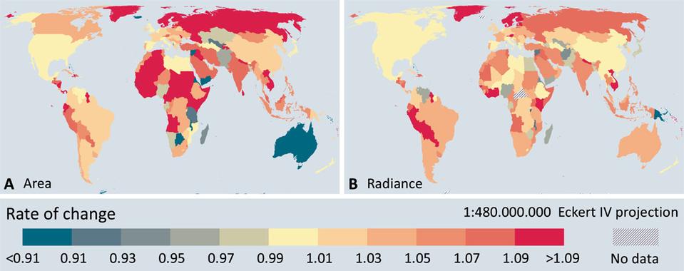 Geographic patterns in changes in artificial lighting.