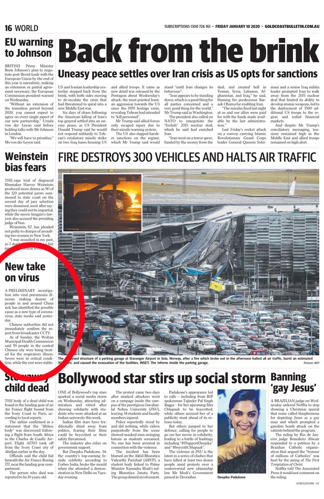 The first mention of what we now know as COVID-19 in the Gold Coast Bulletin on January 10, 2020.