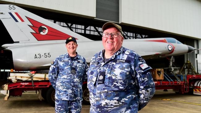 Two restored Royal Australian Air Force aircraft veterans- a Mirage fighter jet A3-55 and a Winjeel Trainer??? A85-403 - arrived at Townsville RAAF Base. WGCDR Mat Green and WO Mike Downs. Picture: Alix Sweeney