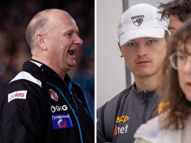 Ken Hinkley post-match and Jack Ginnivan at Adelaide Airport on Saturday. Photos: News Corp/Getty Images