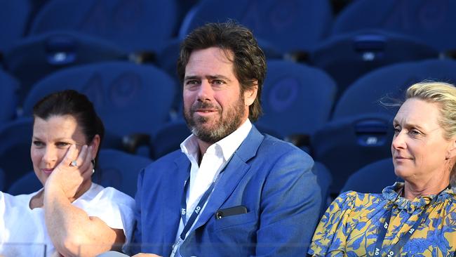 Gillon McLachlan watches Roger Federer and Stefanos Tsitsipas at the Australian Open. Picture: AAP