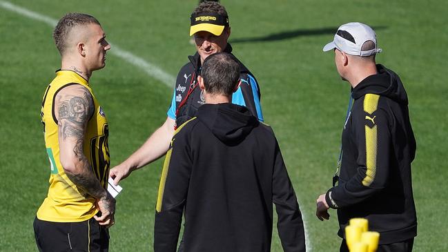 Dustin Martin and Damien Hardwick at Richmond’s Punt Road training session before playing Collingwood in the preliminary final at the MCG. Picture: Stefan Postles/AAP