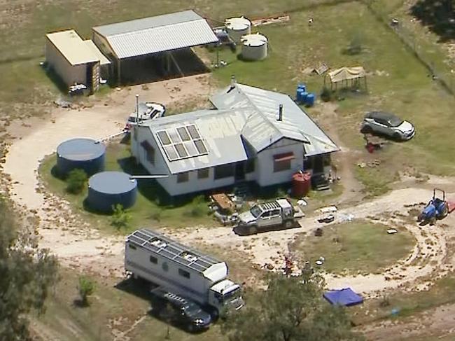 Aerial vision of the crime scene at Wieambilla, Queensland, on 14 December following the deaths of Constable Rachel McCrow, Constable Matthew Arnold, neighbour Alan Dare and killing trio Nathaniel Train, Gareth Train and Stacey Train. Source: 9 News.