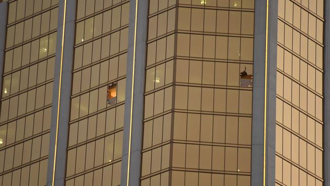 Broken windows that Stephen Paddock fired from in the The Mandalay Bay Hotel and Casino in Las Vegas.