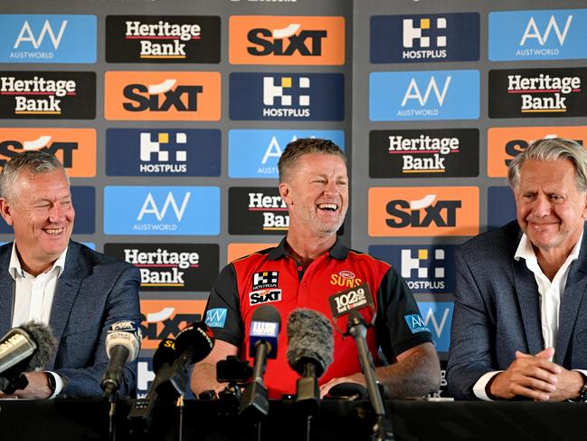 Damien Hardwick speaks alongside Chief Executive Mark Evans and Chairman Bob East announcing his signing. Picture: Bradley Kanaris/Getty Images.