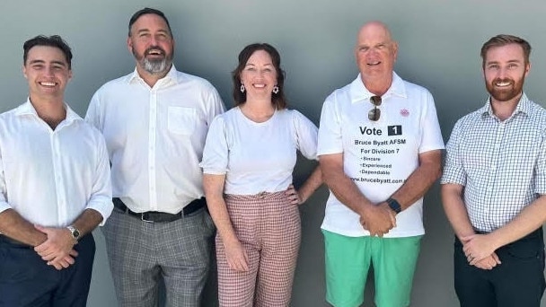 Division 7 candidates in the Gold Coast City Council 2024 election - Edward Sarroff, Joel McInnes, Jenna Schroeder, Bruce Byatt and Joe Wilkinson.