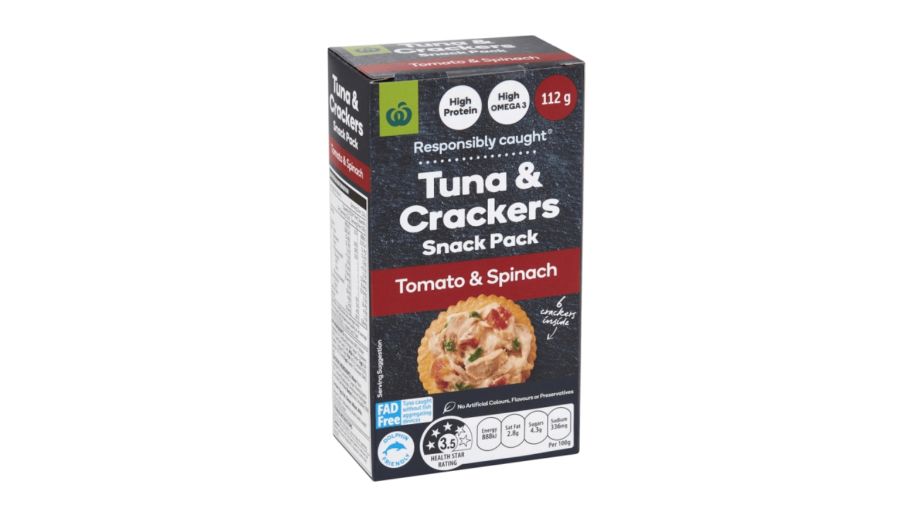 <h3><span>Tuna Cracker Snack Packs</span></h3><p><span>While there is a growing range of meat-based snack options, these meats are processed and are made with nitrates, an additive known to cause inflammation in the digestive tract and increase the risk of a number of different types of cancer. Canned fish snack options on the other hand, are simply preserved with salt, making tinned fish a high protein and Omega-3 rich snack on its own or even as some of the prepackaged tuna cracker snack packs you can find in supermarkets.</span></p><h3><a href="https://www.woolworths.com.au/shop/productdetails/87014/woolworths-tuna-crackers-snack-pack-tomato-spinach" target="_blank" rel="noopener"><span>Woolworths Tuna &amp; Crackers Snack Pack Tomato &amp; Spinach, $2.10 from woolworths.com.au</span></a></h3>