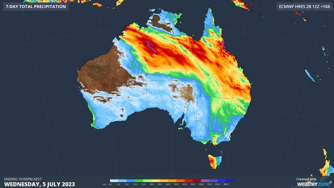 Forecast accumulated rain during the next seven days according to the ECMWF-HRES model. Picture: Weatherzone