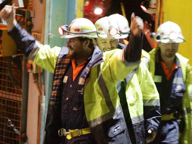 Rescued miners Todd Russell (front) and Brant Webb wave upon their rescue after being trapped for 13 days underground at Beaconsfield Gold Mine in Northern Tasmania.