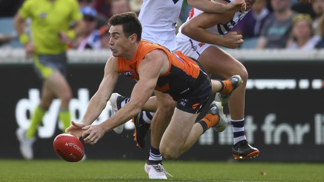 Jeremy Cameron flew home in a moon boot after the clash with the Dockers. Picture: AAP