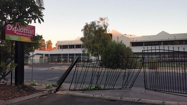 A car rammed into the gates of the Diplomat Hotel in Alice Springs on Tuesday night. Picture: Facebook