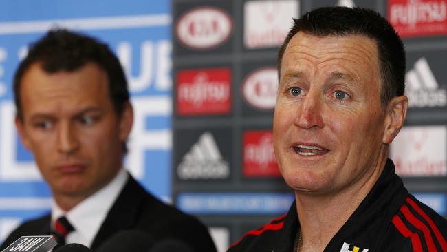 John Worsfold (right) has been appointed Essendon’s new coach, and club CEO Xavier Campbell hopes his side can turn things around on the field. Picture: Michael Klein