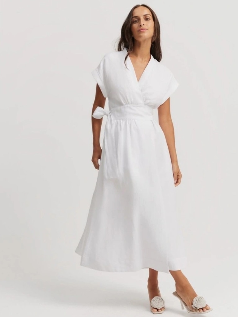 Country Road Organically Grown Linen Wrap Midi Dress in White. Picture: Myer.