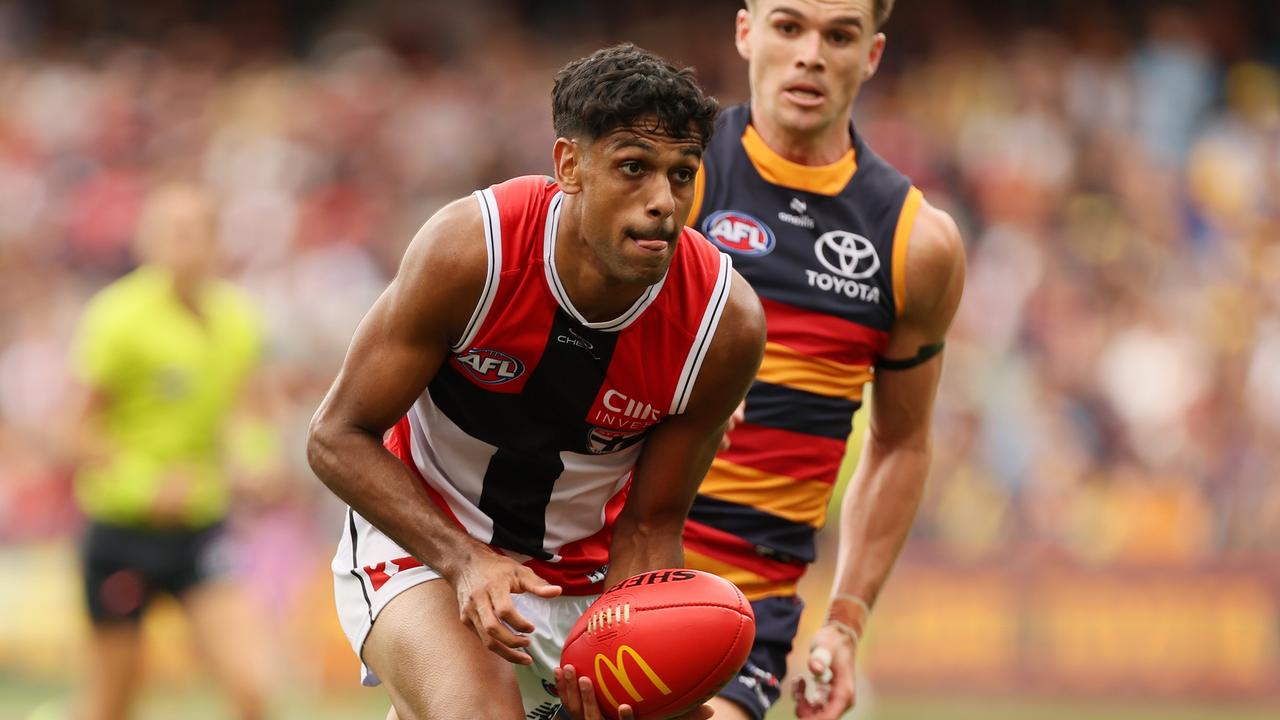 St Kilda’s Nasiah Wanganeen-Milera bursts clear of Adelaide’s Ben Keays at Adelaide Oval on Sunday. Picture: James Elsby/AFL Photos via Getty Images