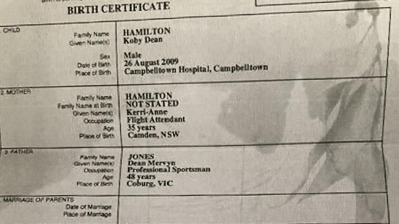 Koby Hamilton’s birth certificate - the son of Dean Jones and Kerrie-Anne Hamilton.