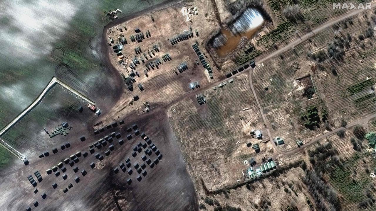 Maxar satellite image taken on February 28 show ground forces field deployments and a convoy in Khilchikha, Belarus, north of the border with Ukraine. Picture: Satellite image Â©2022 Maxar Technologies / AFP.