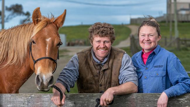 Alex and Sarah Hammond and Juliet the horse at Robbins Island Wagyu, Old Port Road, Montagu, Tasmania.Tuesday October 8 2024 Picture by Phillip Biggs