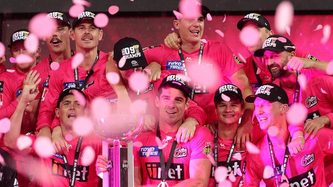 The Sixers pose with the BBL trophy after last season’s final. Picture: Mark Metcalfe/Getty