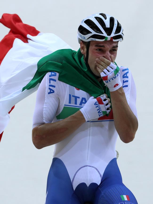 Elia Viviani from Italy wins the Men's Omnium 40km Points Race at the Rio Olympics 2016. Picture: Adam Head