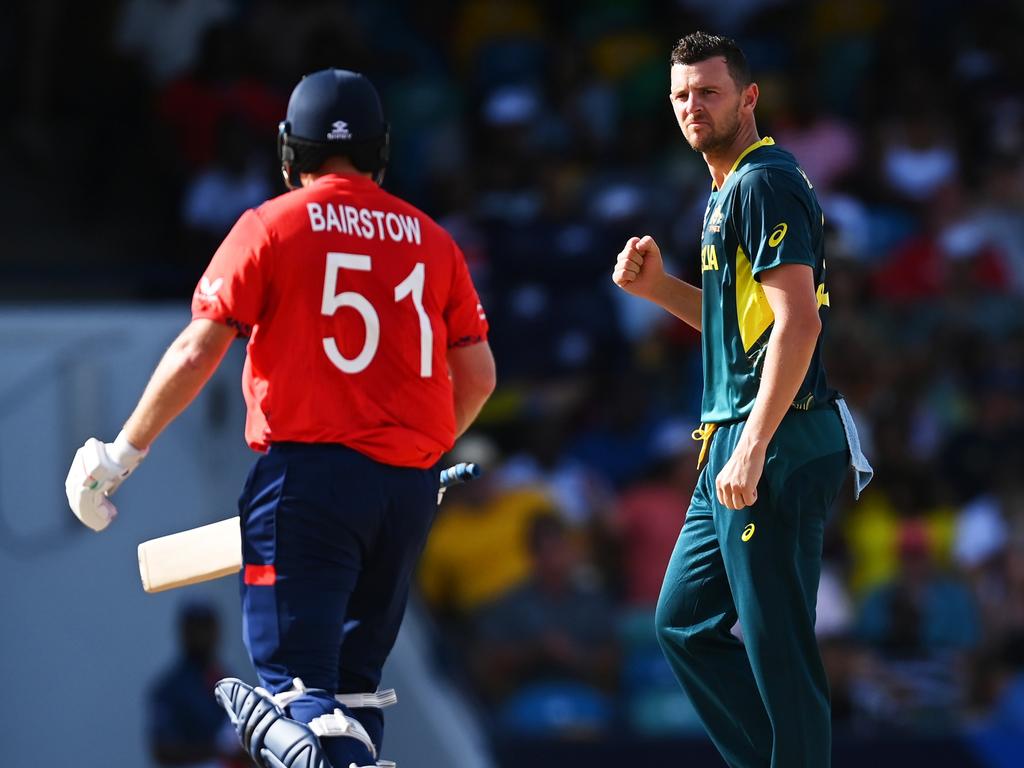 Josh Hazlewood celebrates the dismissal of Jonny Bairstow. Picture: Gareth Copley/Getty Images