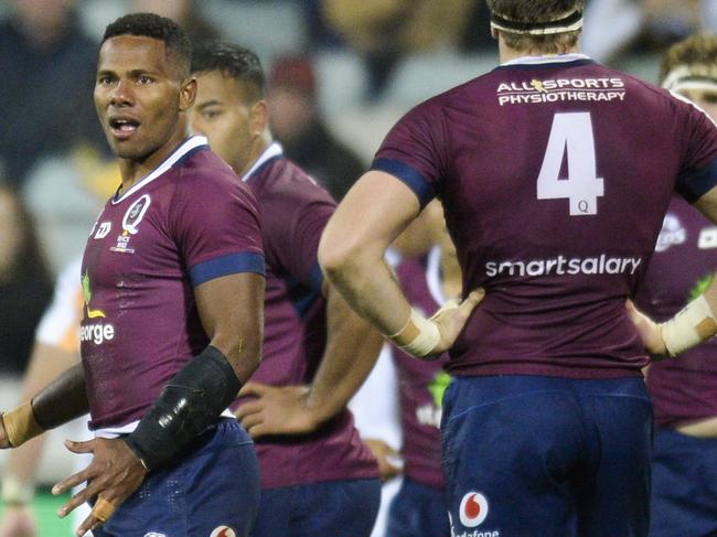 Reds players following the awarding of a try to the Brumbies during the Round 18 Super Rugby match between the ACT Brumbies and the Queensland Reds at GIO Stadium in Canberra, Saturday, June 15, 2019. (AAP Image/Rohan Thomson) NO ARCHIVING, EDITORIAL USE ONLY