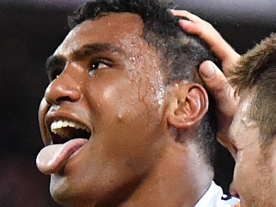 Tevita Pangai jnr (left) and Tom Opacic (right) of the Broncos are seen celebrating but are denied a try by the referee during the Round 2 NRL match between the Brisbane Broncos and the North Queensland Cowboys at Suncorp Stadium in Brisbane, Friday, March 16, 2018. (AAP Image/Darren England) NO ARCHIVING, EDITORIAL USE ONLY