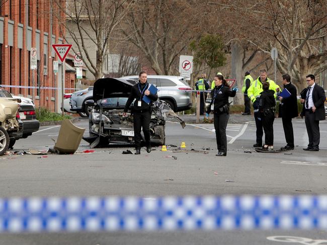 2/09/2018: Police go over the scene of a violent brawl in Collingwood, that left several people in hospital. Stuart McEvoy/ The Australian.