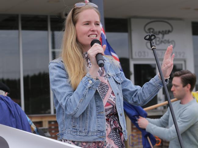 Smitt speaks at an anti-vaccination protest in 2021. Picture: Wayne Taylor