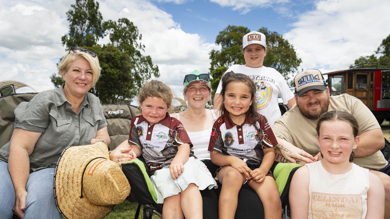 At the Warriors Reconciliation Carnival women's games are (from left) Jenny Haywood, Hazel Taylor, Tess Burgess, Ava Glenbar, Matilda Burgess, Aaron Burgess and Maddison Burgess at the Jack Martin Centre hosted by Toowoomba Warriors, Saturday, January 18, 2025. Picture: Kevin Farmer