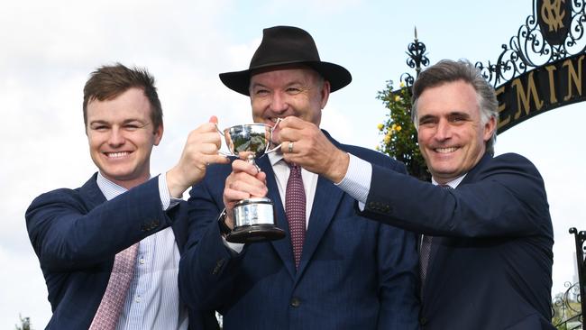 Trainers Ben Hayes, David Hayes and Tom Dabernig worked in partnership before David Hayes left to train in Hong Kong. Picture: AAP