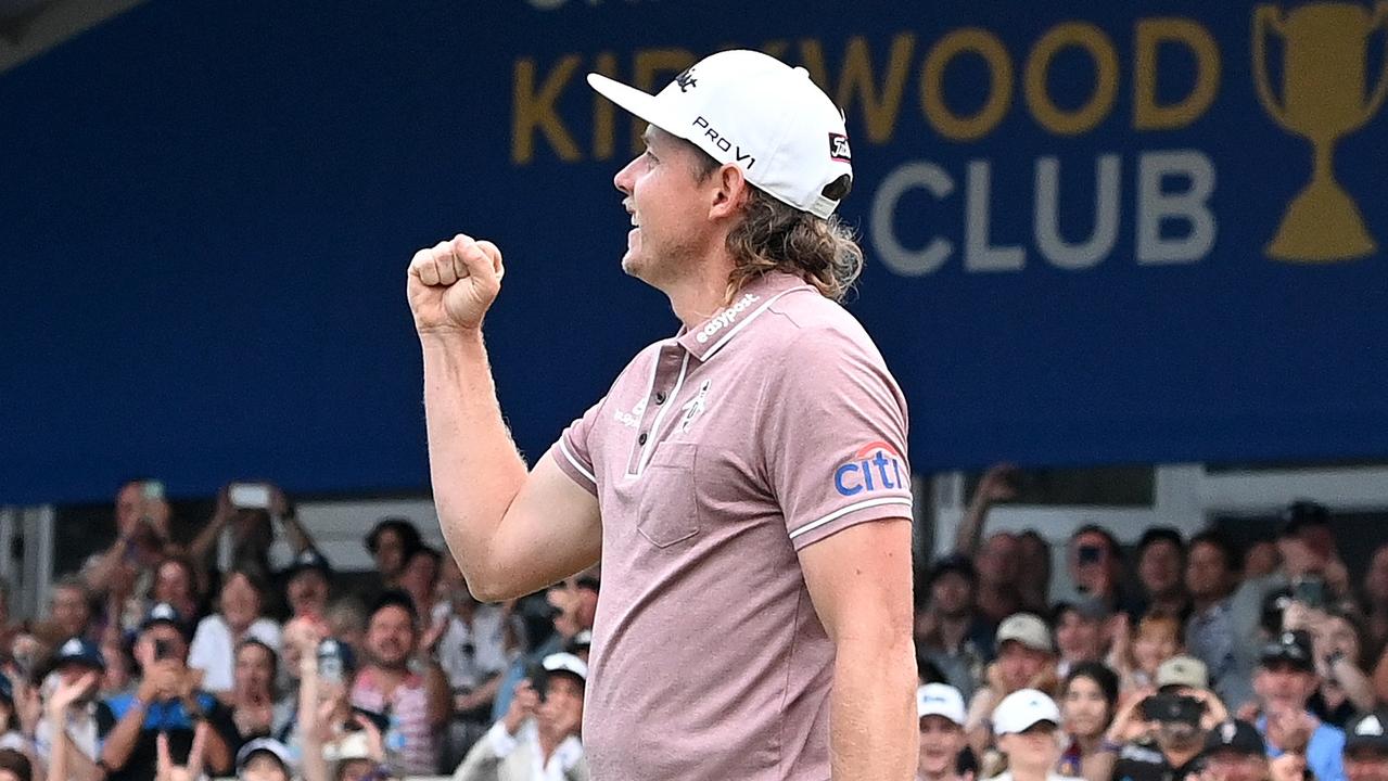 Cameron Smith celebrates victory after the 18th hole at the Royal Queensland Golf Club. Picture: Bradley Kanaris/Getty Images