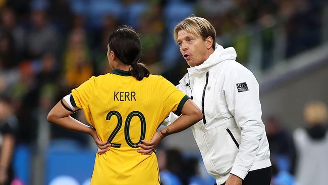 SYDNEY, AUSTRALIA - SEPTEMBER 06: Matildas coach Tony Gustavsson gives instructions to Sam Kerr of the Matildas during the International Friendly Match between the Australia Matildas and Canada at Allianz Stadium on September 06, 2022 in Sydney, Australia. (Photo by Mark Kolbe/Getty Images)