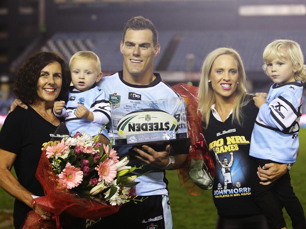 Cronulla's John Morris after his 300th NRL game with mother Sharyn.