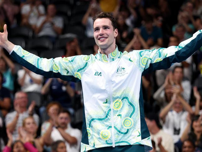 NANTERRE, FRANCE - SEPTEMBER 06: Gold medalist Benjamin Hance of Team Australia celebrates during the Para Swimming Men's 100m Backstroke S14 Medal Ceremony on day nine of the Paris 2024 Summer Paralympic Games at Paris La Defense Arena on September 06, 2024 in Nanterre, France. (Photo by Sean M. Haffey/Getty Images)