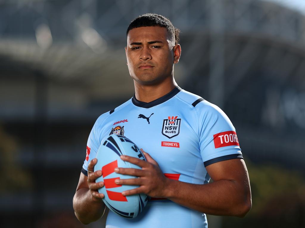 SYDNEY, AUSTRALIA – MAY 28: Haumole Olakau'atu of the Blues poses during a New South Wales Blues State of Origin media opportunity at NSWRL Centre of Excellence on May 28, 2024 in Sydney, Australia. (Photo by Matt King/Getty Images)