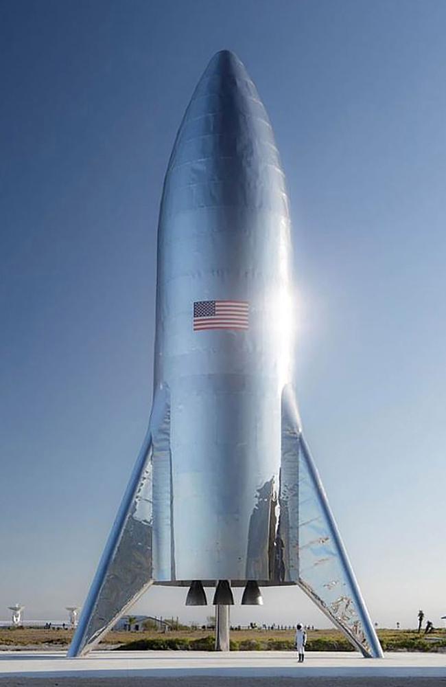 This is a prototype mock-up of the Space X Starship craft standing on a pad at the company’s Boca Chica, Texas, launch site. Picture: SpaceX