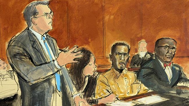 Sean "Diddy" Combs defence lawyer Marc Agnifilo, left, addresses the judge while Combs, seated second from right, in prison uniform, watches in Federal court. Picture: AFP