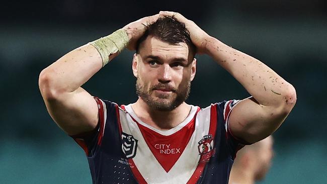 SYDNEY, AUSTRALIA - MAY 21:  Angus Crichton of the Roosters looks dejected at full-time during the round 11 NRL match between the Sydney Roosters and the Penrith Panthers at Sydney Cricket Ground, on May 21, 2022, in Sydney, Australia. (Photo by Matt King/Getty Images)