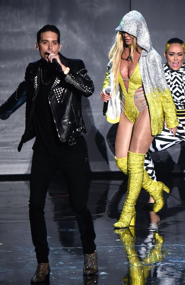 Britney Spears and G Eazy perform onstage during the 2016 MTV Video Music Awards at Madison Square Garden on August 28, 2016 in New York City. Picture: Getty