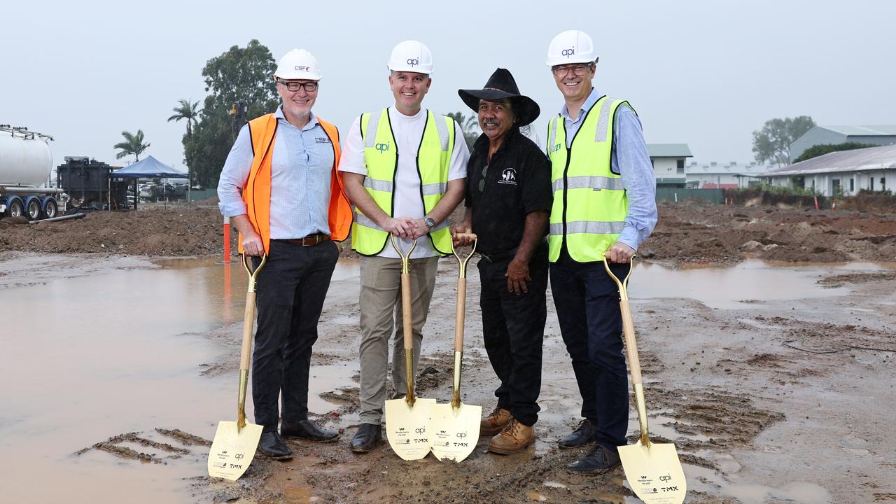 Wesfarmers Health has broken ground on their new Australian Pharmaceutical Industries' Cairns Fulfilment Centre. CSF Industries managing director Sean Adams, Pharmacy Guild of Australia president Trent Twomey, Gimuy Walubarra Yidinji elder Neville Reys and Wesfarmers Health executive general manager of pharmacy services Doug Swan. Picture: Brendan Radke